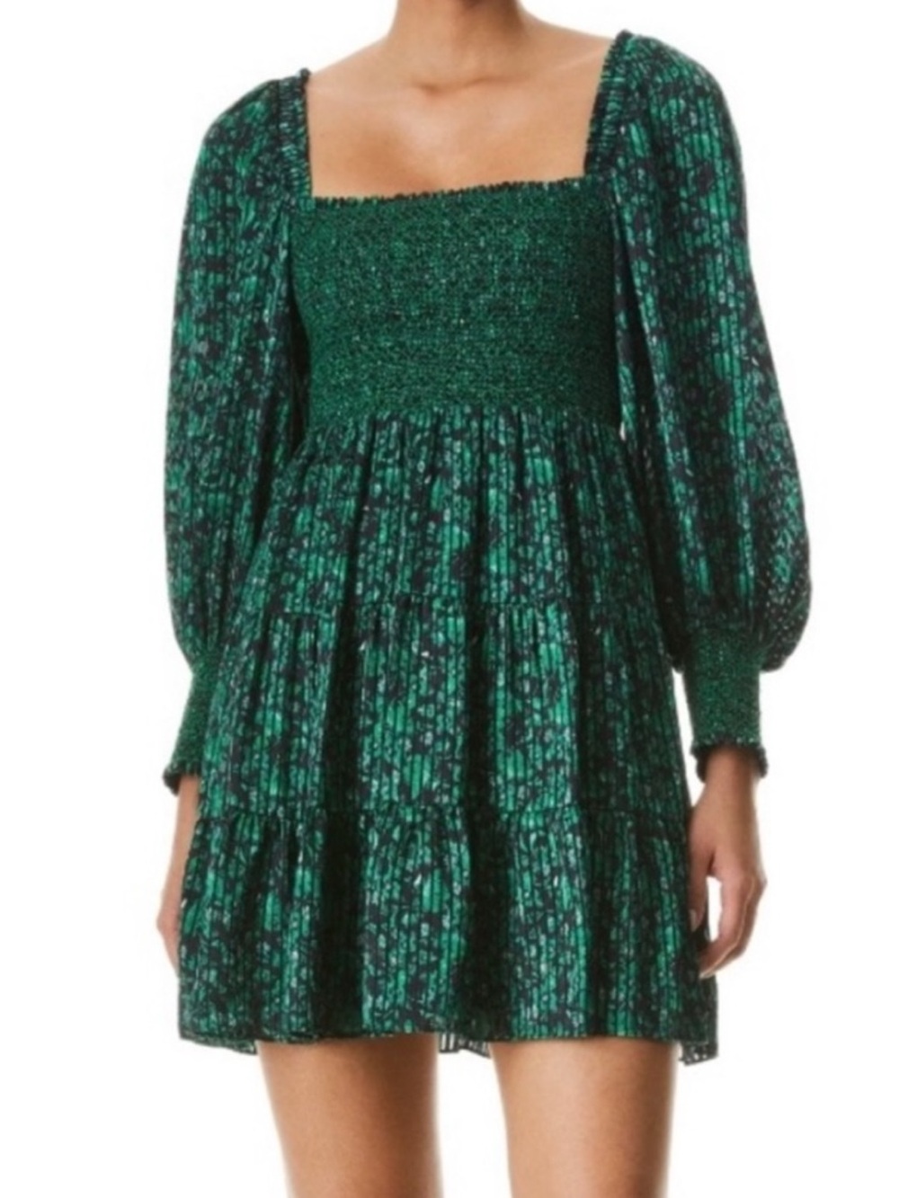 Alice + Olivia Making Plans Dark Emerald and Black Smocked Square-Neck Mini Dres